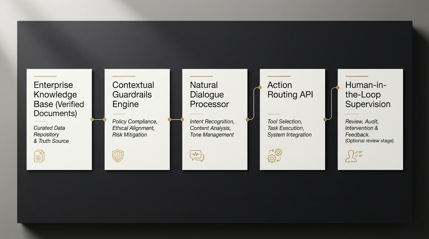 Interface editorial de assistente operacional inteligente com consulta a documentos corporativos, triagem contextual e transferência assistida em tons grafite, marfim e dourado