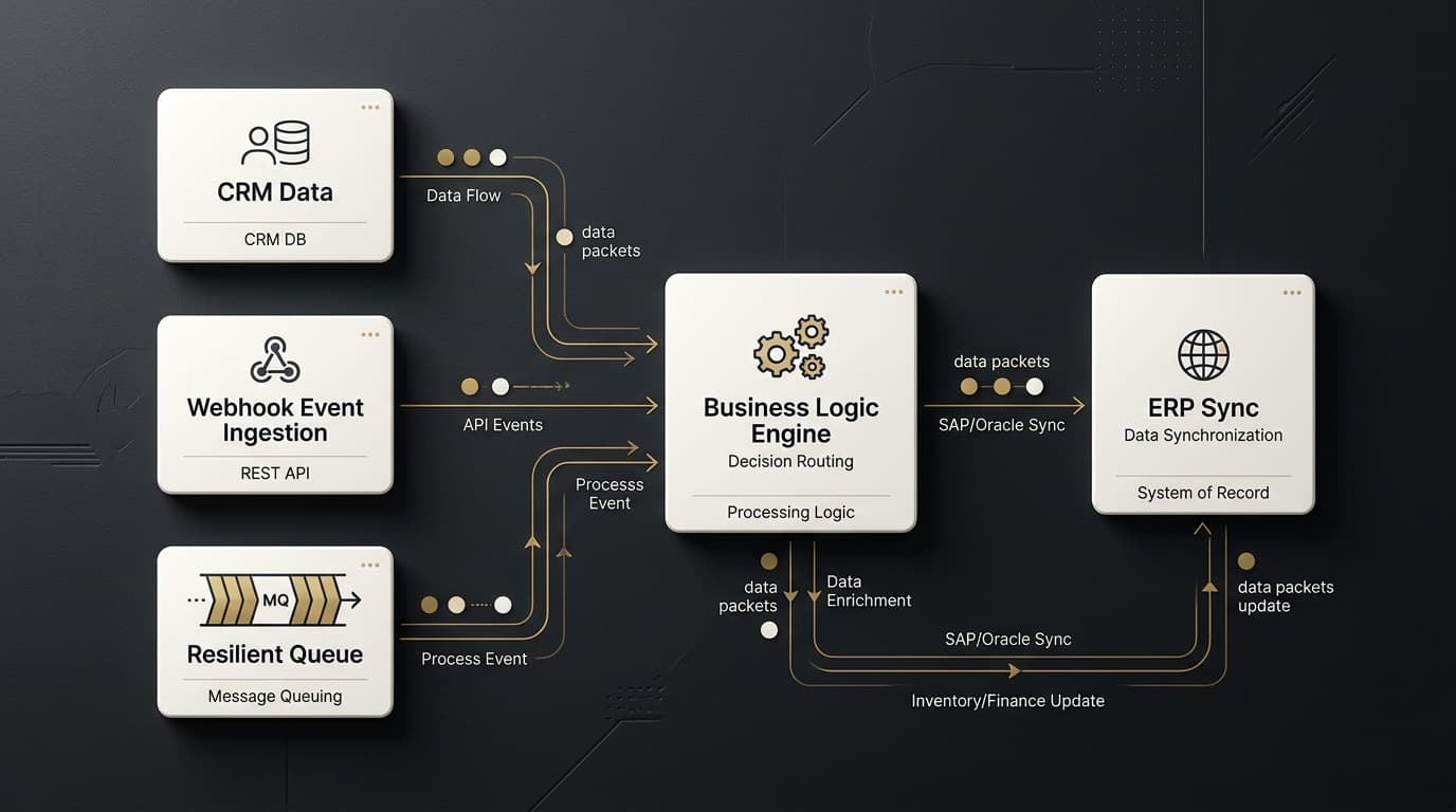 Diagrama arquitetural de pipeline de integração assíncrona entre sistemas empresariais, webhooks e filas resilientes em tons grafite, marfim e dourado