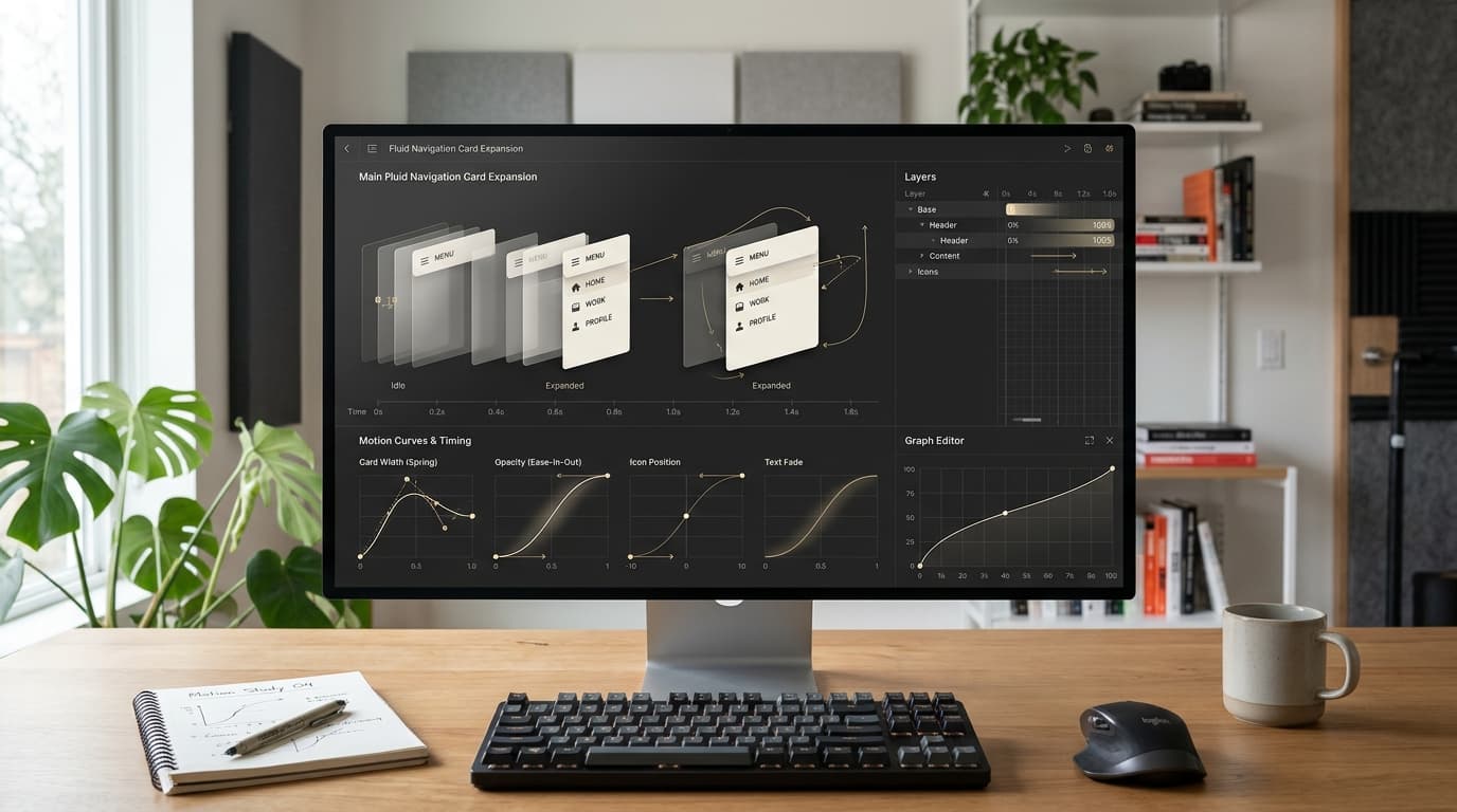 Composição conceitual de motion design exibindo estados sequenciais de micro-interações de interface, curvas de aceleração Bezier e transições suaves de cartões
