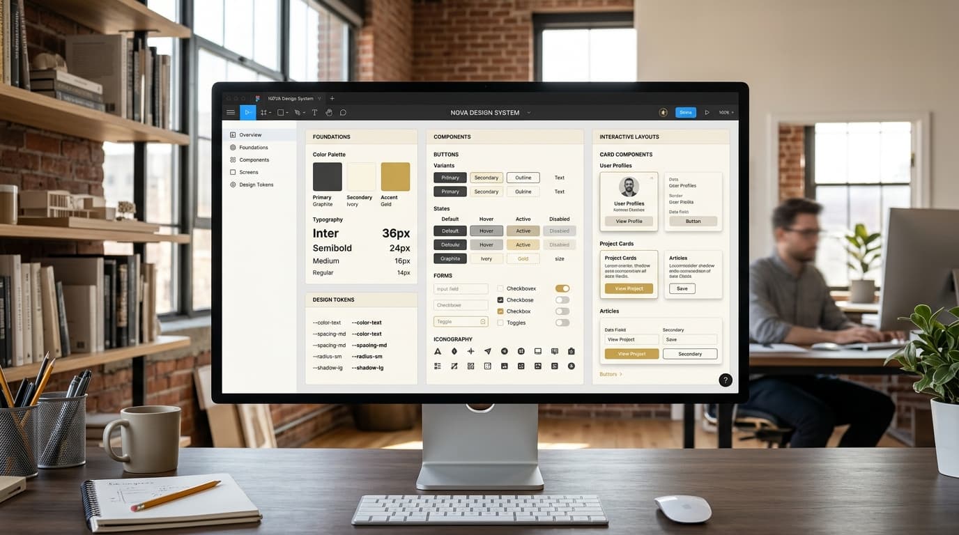 Interface conceptual de design system em ecrã profissional exibindo grelhas modulares, tokens semânticos de cores, tipografia e biblioteca de componentes reutilizáveis