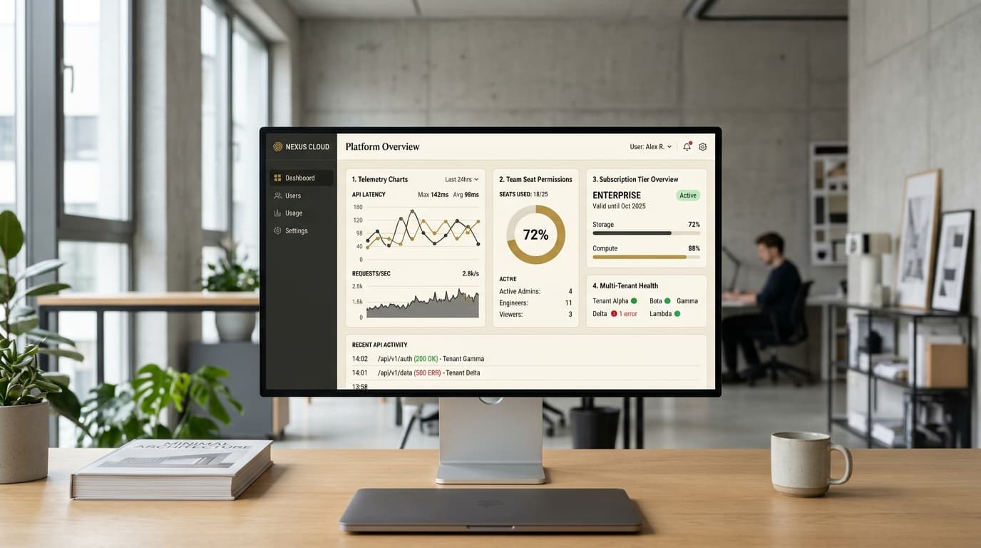 Conceito visual de painel de controlo de plataforma SaaS cloud exibindo gráficos de telemetria, permissões de equipa e planos de assinatura