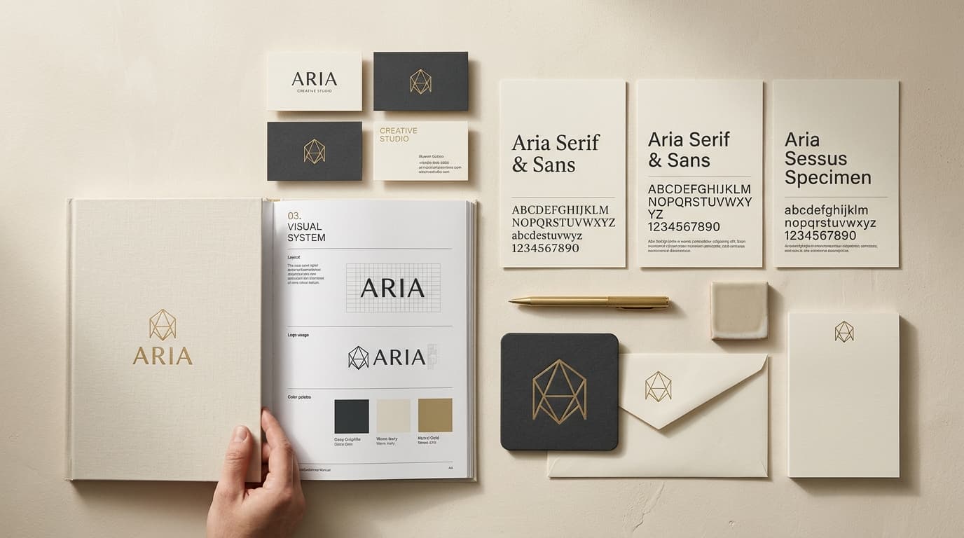 Composição editorial com manual aberto de normas gráficas, cartões de visita minimalistas, amostras de tipografia e símbolo institucional gravado em dourado fosco